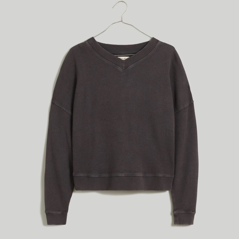Madewell Waffle Knit Boxy Sweatshirt Tee in Black Coal